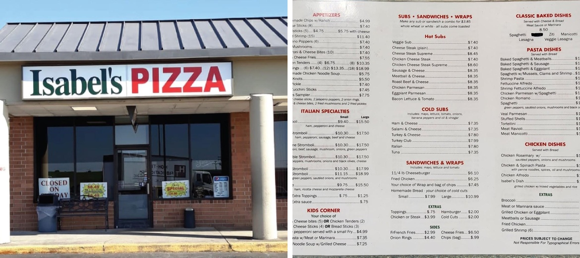 Isabel's Pizza Pasta & Subs Menu