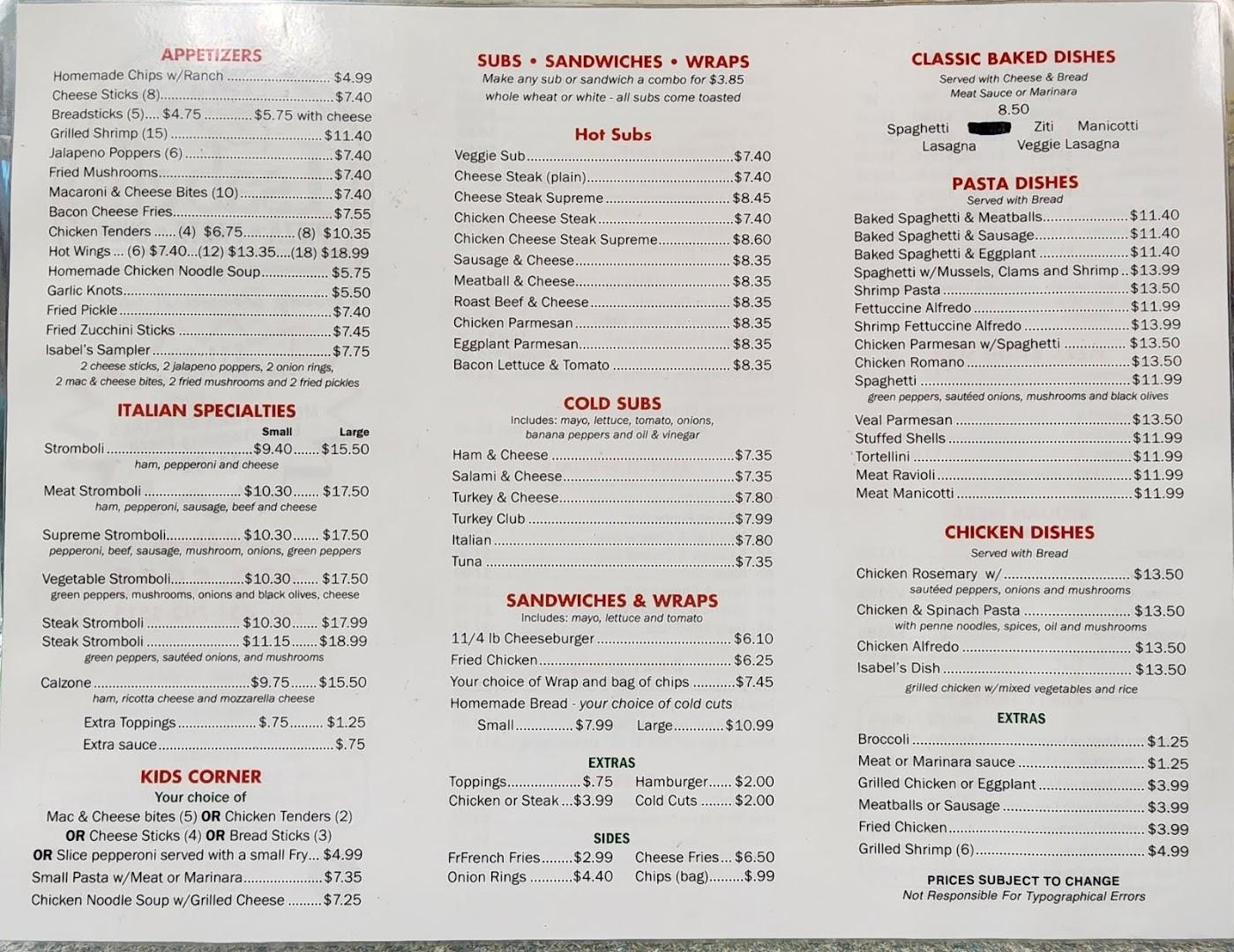 Isabel's Pizza Pasta & Subs Menu image 1